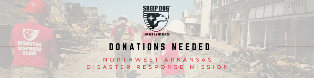 Sheep Dog Impact Assistance (SDIA) exists to engage, assist, and empower Sheep Dogs (military, veterans, and first responders) through Get Off The Couch programming to improve their overall physical and mental well-being.  Through our programs, Sheep Dogs who have suffered similar traumas and experiences gather for camaraderie and opportunities to continue serving, which helps prevent suicides in our military personnel, veteran, and first responder communities.  Our Sheep Dogs will engage with continued service opportunities such as the current Disaster Response Mission (DRM) in Northwest Arkansas.  On these missions, they will get off the couch and assist our NWA community with disaster relief services such as tree removal, roof/home tarping, emergency supplies, and donation distribution.  Our goal is to lead our Sheep Dogs and communities towards post-traumatic growth through our active example. 