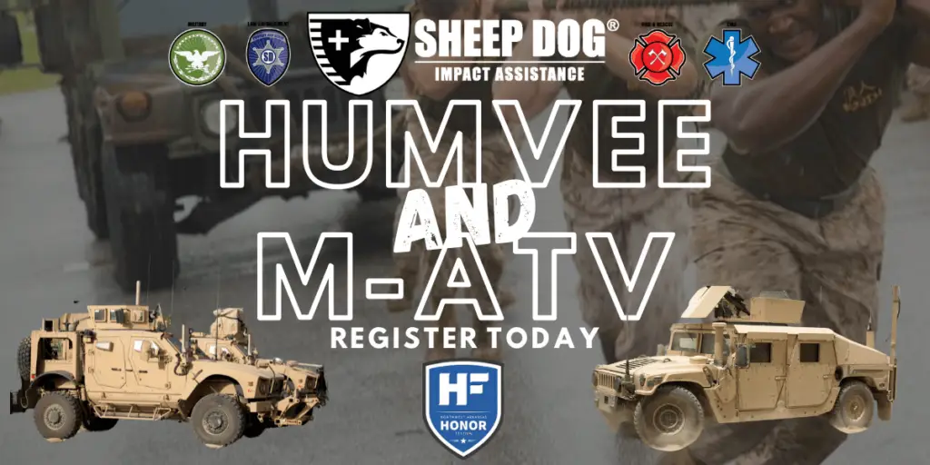 We are excited to announce that the Humvee Haul will be happening again this year at HONOR🇺🇸FEST on August 10th from 11 am to noon at Orchards Park in Bentonville.
Gather your team and prepare to test your strength by competing to pull a Humvee or an M-ATV 100 feet as quickly as possible. Thanks to our friends at the Benton County Sheriff’s Department for providing the M-ATV!
The team with the fastest time will be crowned the winner, and several additional prizes will awarded at the end of the competition. Team registration is now open and ends at midnight on August 9th. Don’t miss out on this thrilling event—register your team today and be part of the action!