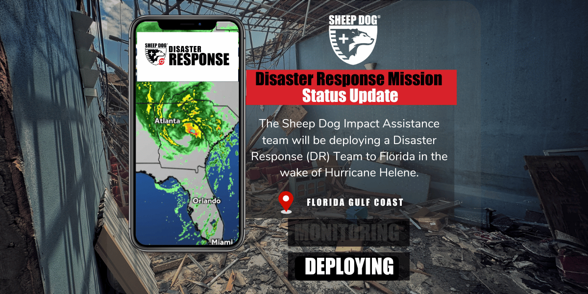 The Sheep Dog Impact Assistance team will be deploying a Disaster Response (DR) Team to Florida in the wake of Hurricane Helene. The DR Team will rally at the Center for Nonprofits in Rogers, Arkansas on Monday, September 30th at 8 AM to gear up and brief before we start our mission. We will also have a secondary meet-up point in the Levy County area including Perry, FL and the surrounding areas.