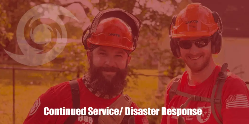Disaster Response (DR) is an important part of SDIA’s mission and remains our primary service opportunity. As the volunteerism component of our Get Off The Couch® programming, these missions EMPOWER our Sheep Dogs to continue serving their communities and country in times of need.
While larger, national disasters make up most of these missions, SDIA encourages our members to help with local community “disasters”, such as conducting minor home repairs for disabled veterans, making a park safe for children, cleaning national cemetery headstones & grounds, working in a soup kitchen, or coaching a youth sports team. All are disasters to those who are affected and are opportunities to serve and give back.
What is a Disaster Response Mission?
A Disaster Response Mission (DRM) is any natural or human-caused devastation that results in a community or communities need for evacuation, assistance in clean up, tree & debris removal, muck out operations, covering roofs and windows, distributing food and water, filling/placing sandbags, and other meaningful tasks.