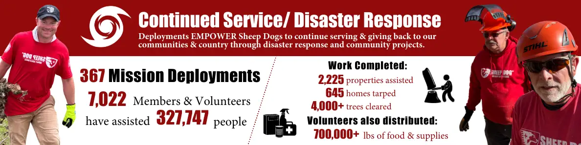 Deployments EMPOWER Sheep Dogs to continue serving & giving back to our communities & country through disaster response and community projects.