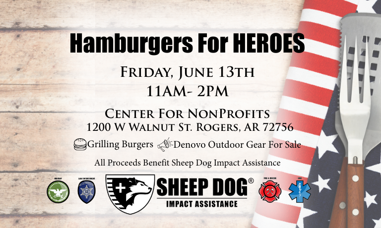 A group of Sheep Dog Impact Assistance volunteers grilling hamburgers at the Hamburgers for Heroes fundraiser to support military veterans and first responders.