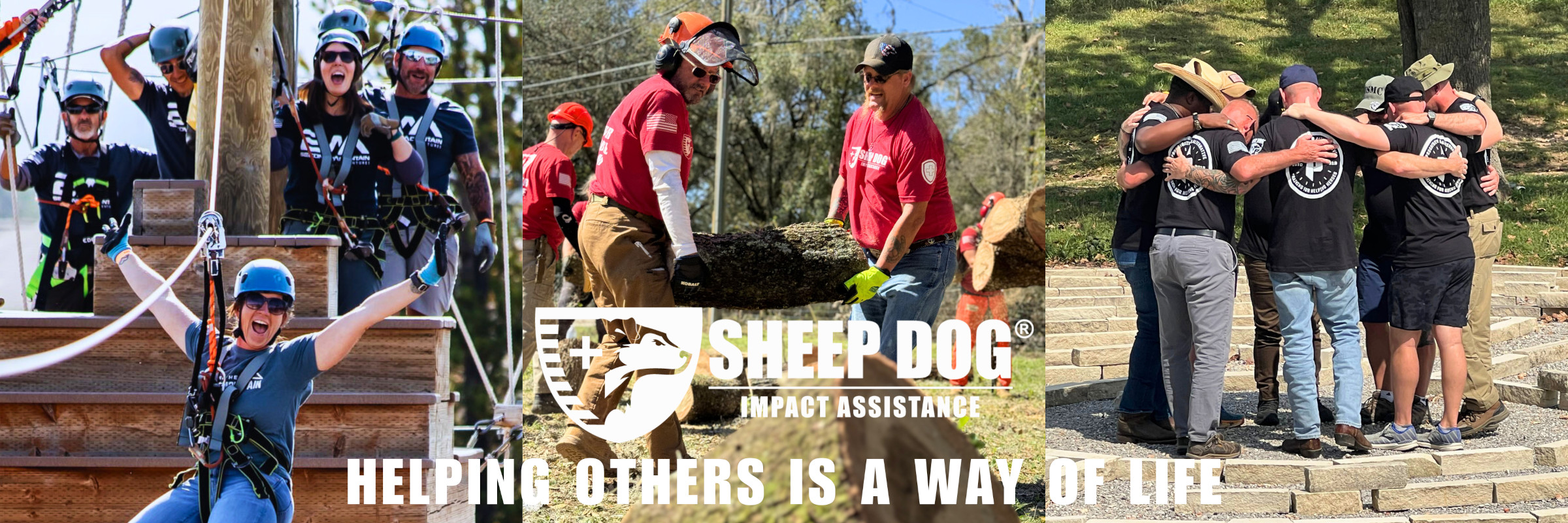 Three photos of SDIA volunteers and participants in outdoor adventures, disaster recovery missions, and the Warrior PATHH program. Sheep Dog Impact Assistance. Helping Others Is A Way Of Life.