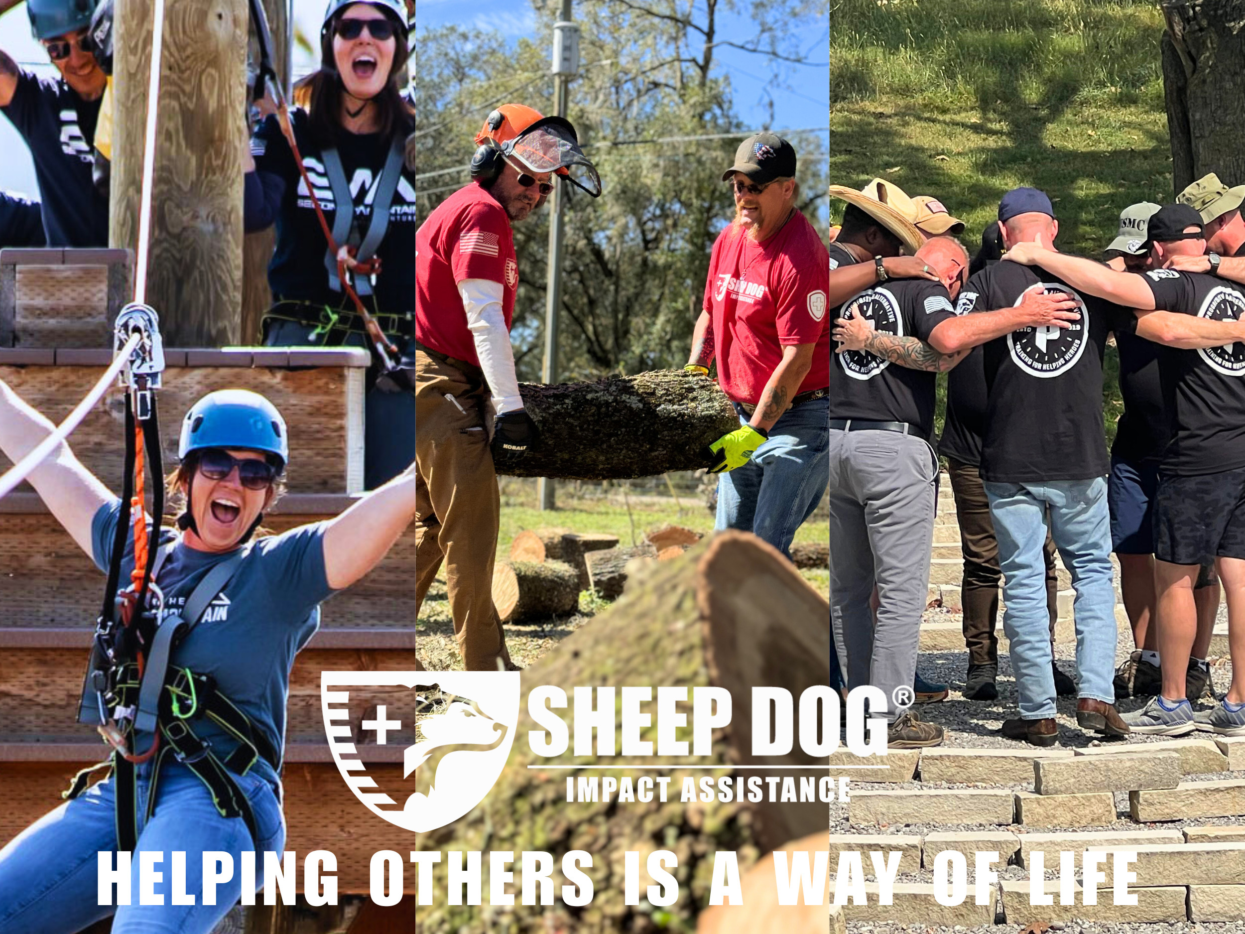 Three photos of SDIA volunteers and participants in outdoor adventures, disaster recovery missions, and the Warrior PATHH program. Sheep Dog Impact Assistance. Helping Others Is A Way Of Life.